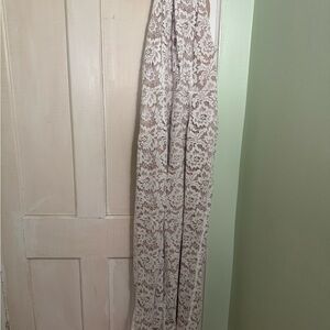 Julia Jordan Lace Overlay Jumpsuit in Cream and Tan